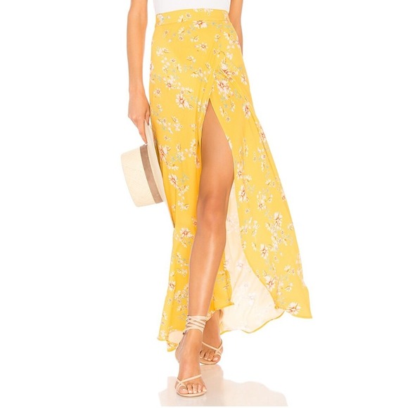 Flynn Skye Floral Maxi Skirt SMALL Yellow High Slit Summer Casual Boho Chic - Picture 1 of 11